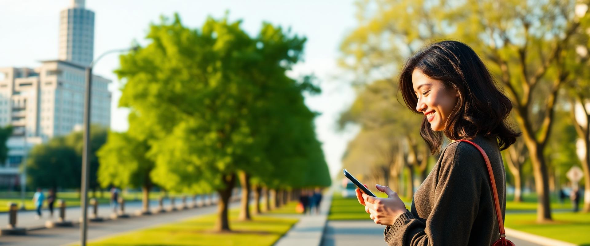 Frau in einer grünen Stadtallee mit Handy in der Hand